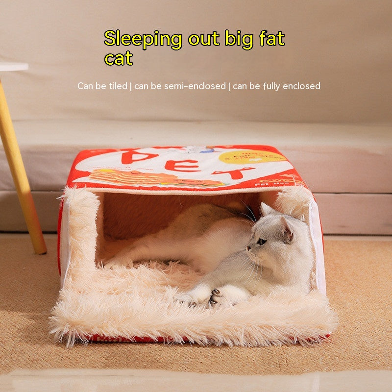 HKM-0305725 Cozy Fully Enclosed Cloth Cat Nest in Red and Blue - Available in Small and Large Sizes
