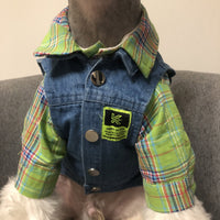 HKM-0306237 Light Blue Denim Vest & Green Plaid Shirt Set for Small to Medium Dogs and Cats