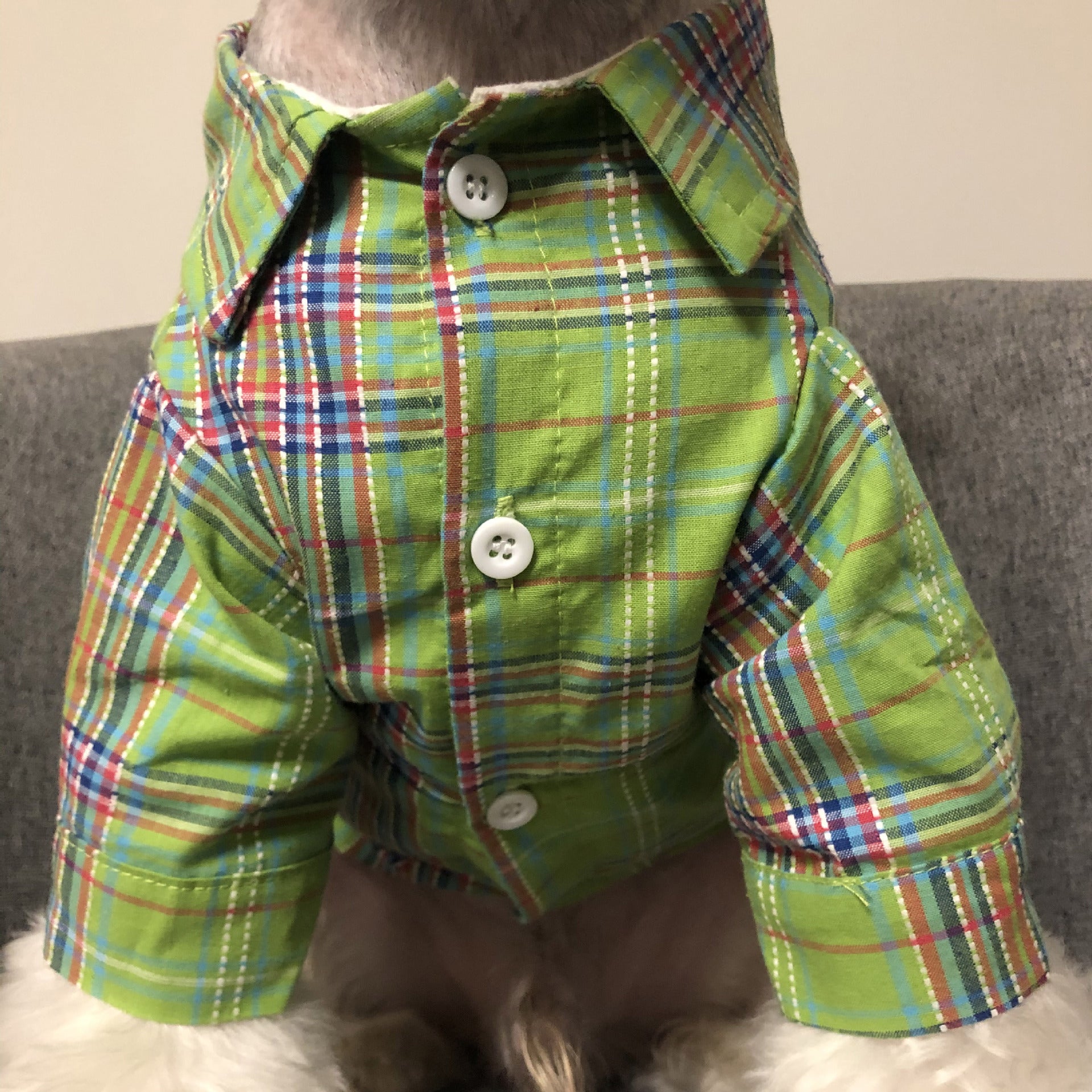 HKM-0306237 Light Blue Denim Vest & Green Plaid Shirt Set for Small to Medium Dogs and Cats