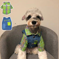HKM-0306237 Light Blue Denim Vest & Green Plaid Shirt Set for Small to Medium Dogs and Cats