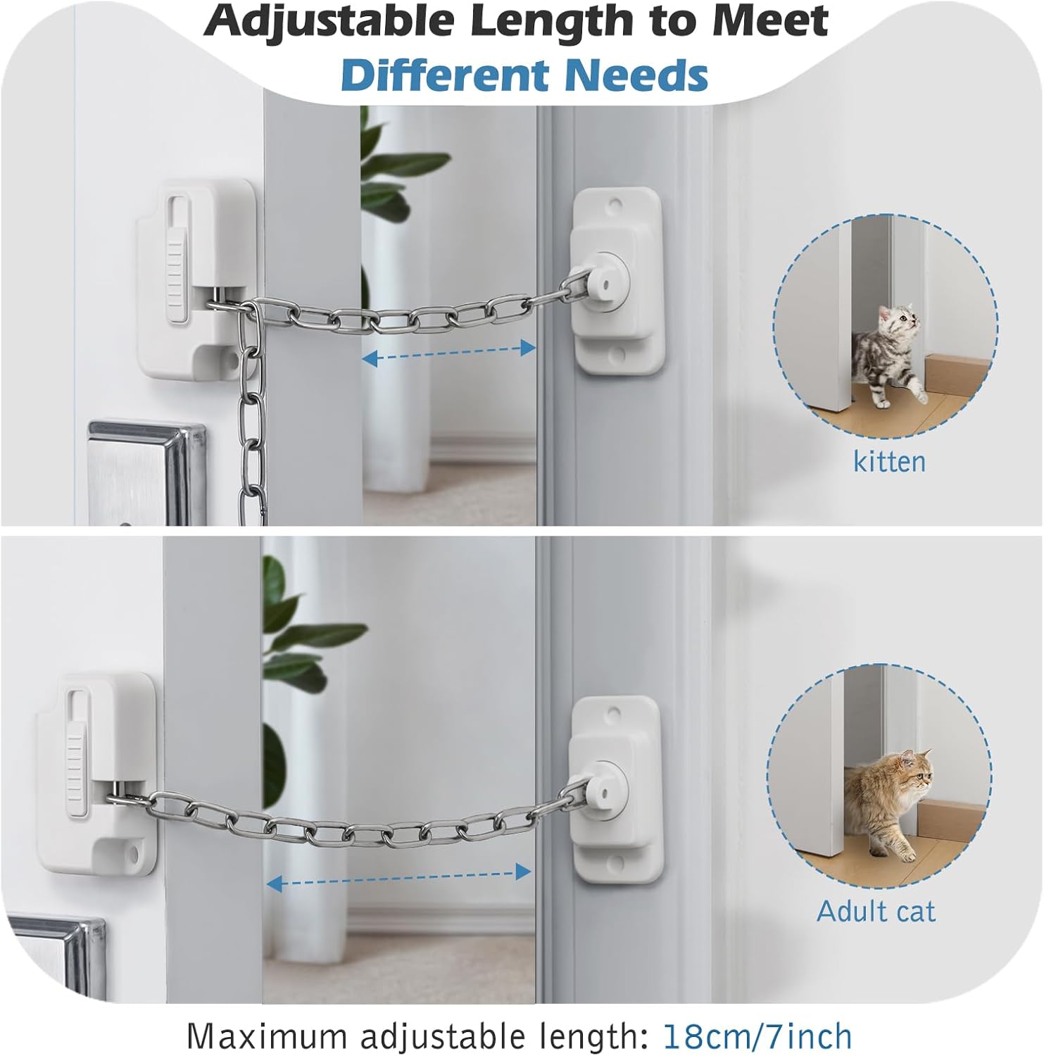 HKM-0308925 Adjustable Cat Door Latch with Door Stopper – Pet Safe Foam Guard for Cats, Child & Dog Proof, Easy Install