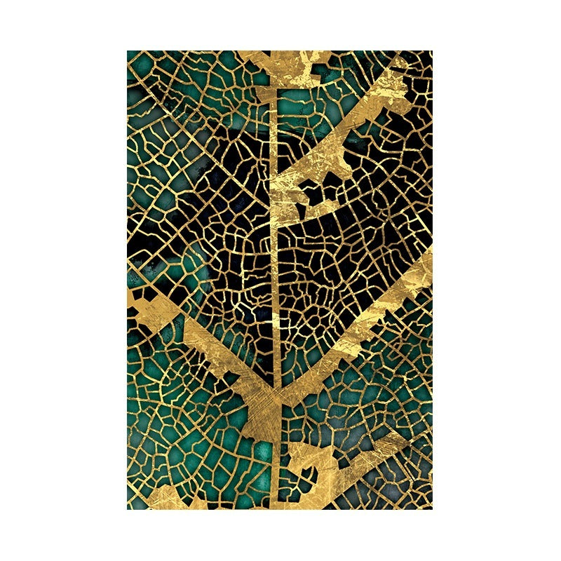 HKM-031251 Golden Leaf Pattern Decorative Canvas Art for Modern Living Spaces - Rectangle Design