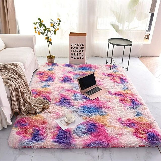 HKM-031635 Tie-Dye Gradient Color Printed Rectangle Silk Wool Carpet - 100% Polyester Fiber, Hand Washable