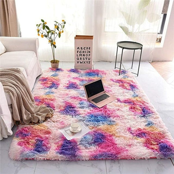HKM-031635 Tie-Dye Gradient Color Printed Rectangle Silk Wool Carpet - 100% Polyester Fiber, Hand Washable