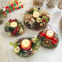 HKM-032019 Christmas Candlestick Wreath with Red Berries, Pinecones, and Fake Leaves for Home Decor