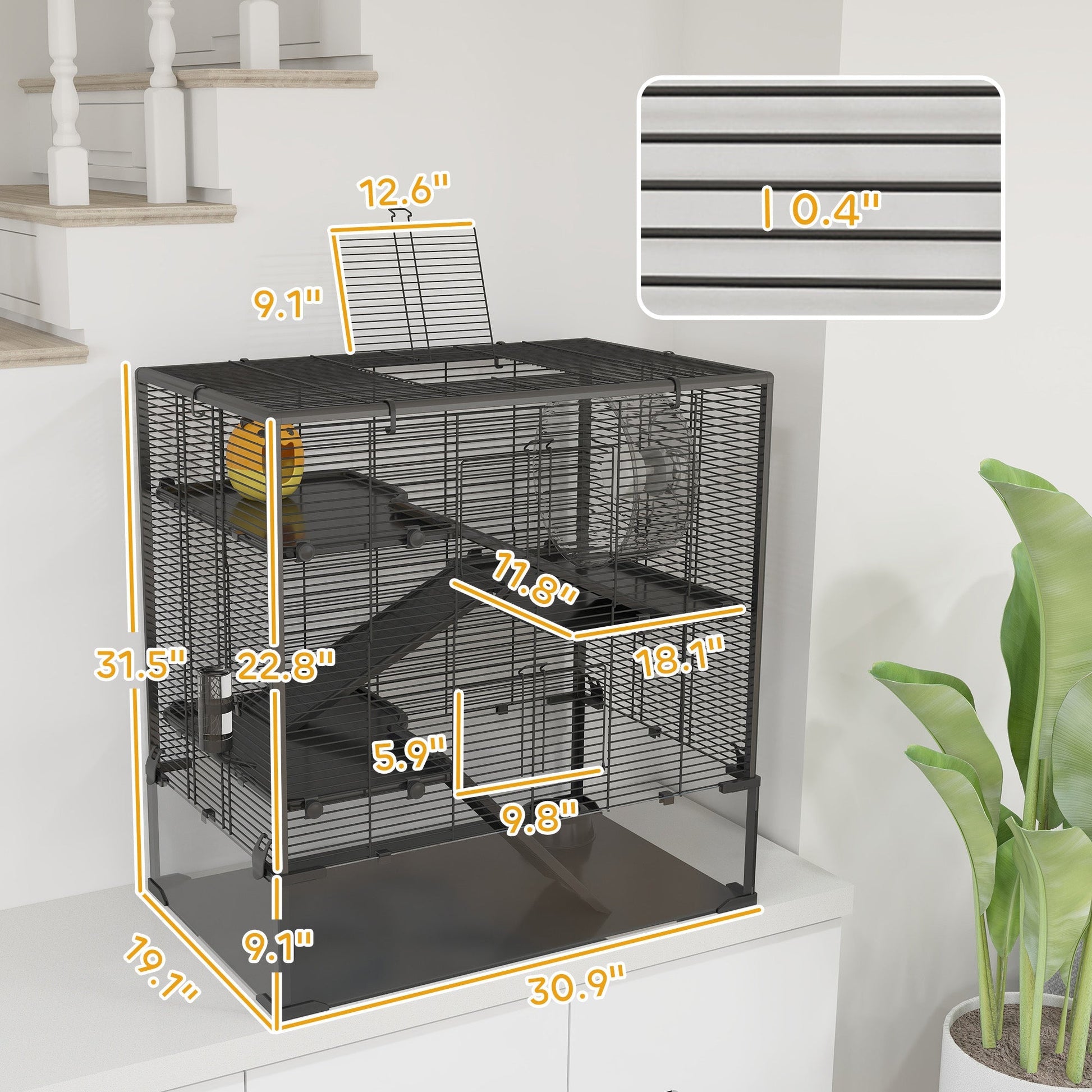 HKM-0326589 4-Tier Hamster Cage with Tempered Glass Bottom, Running Wheel, Hut, Water Bottle, and Food Dish 31" x 19" x 31.5"