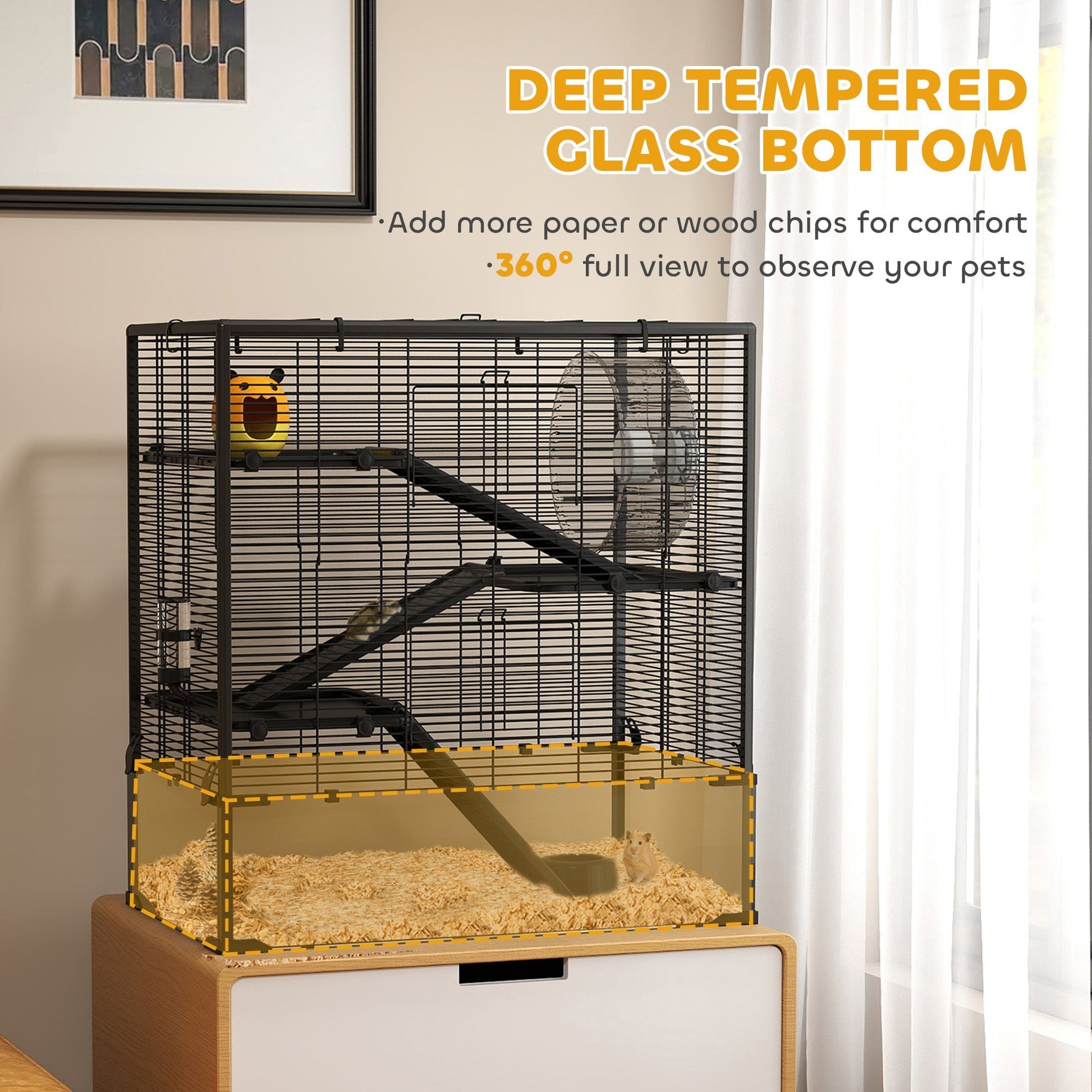 HKM-0326589 4-Tier Hamster Cage with Tempered Glass Bottom, Running Wheel, Hut, Water Bottle, and Food Dish 31" x 19" x 31.5"