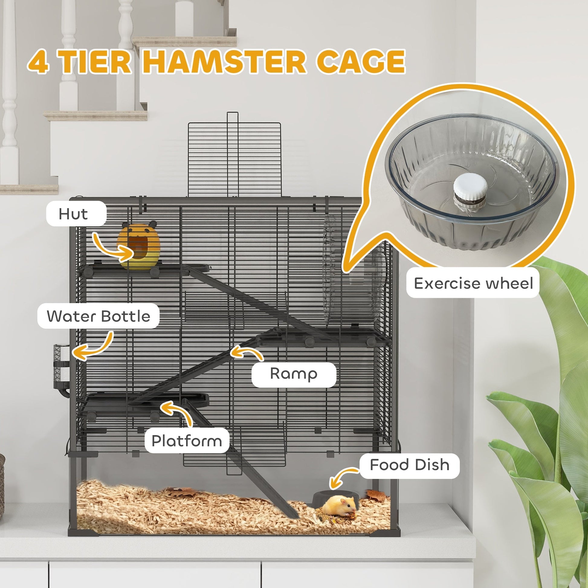 HKM-0326589 4-Tier Hamster Cage with Tempered Glass Bottom, Running Wheel, Hut, Water Bottle, and Food Dish 31" x 19" x 31.5"