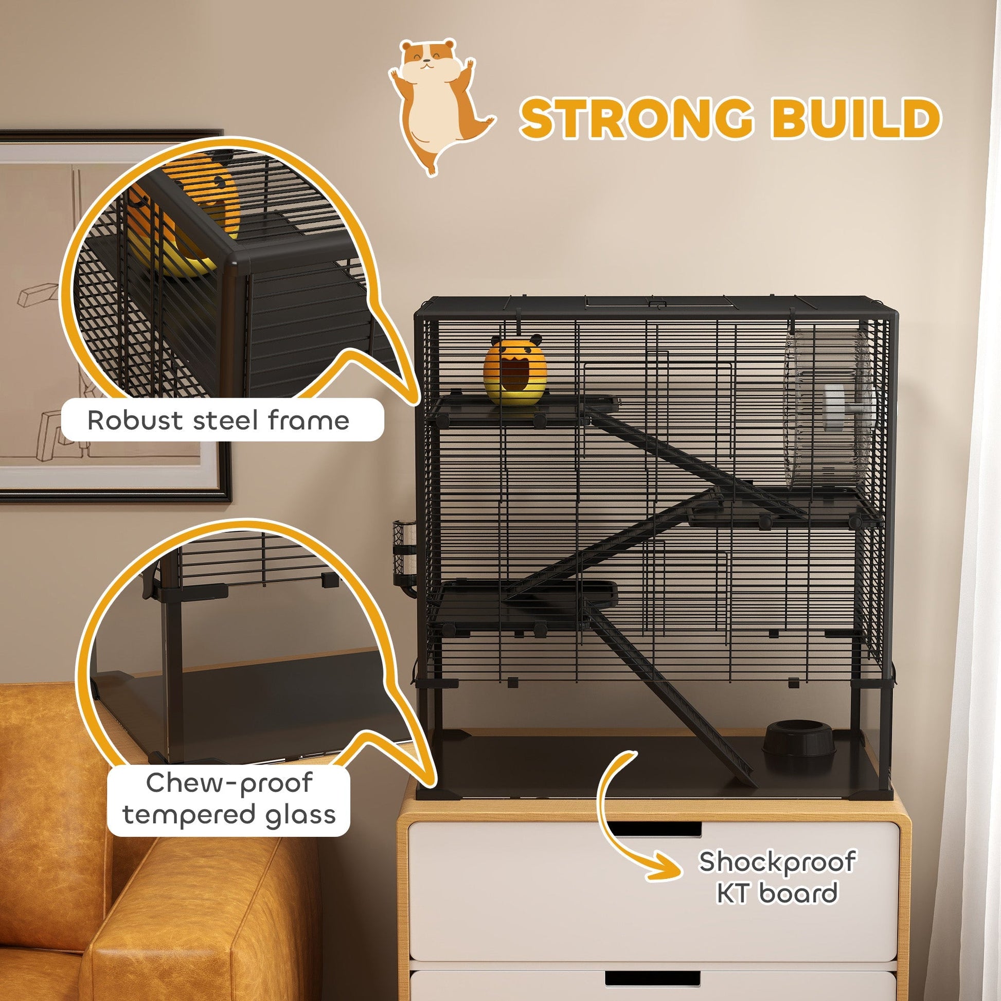 HKM-0326589 4-Tier Hamster Cage with Tempered Glass Bottom, Running Wheel, Hut, Water Bottle, and Food Dish 31" x 19" x 31.5"