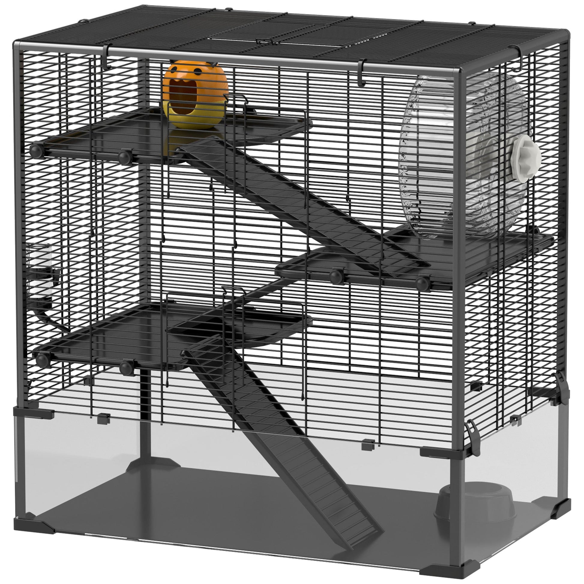 HKM-0326589 4-Tier Hamster Cage with Tempered Glass Bottom, Running Wheel, Hut, Water Bottle, and Food Dish 31" x 19" x 31.5"