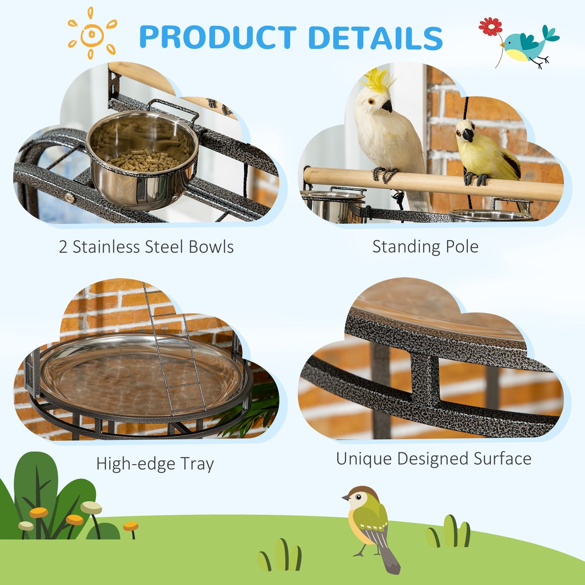 HKM-0330557 Large Bird Perch Stand with Toy Hook, 3 Ladders, and Easy Mobility for Parrots