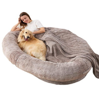 HKM-0332733 Large Soft Short Plush Dog Bed in Khaki, Dark Gray, and Light Gray - Multiple Sizes Available