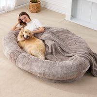 HKM-0332733 Large Soft Short Plush Dog Bed in Khaki, Dark Gray, and Light Gray - Multiple Sizes Available