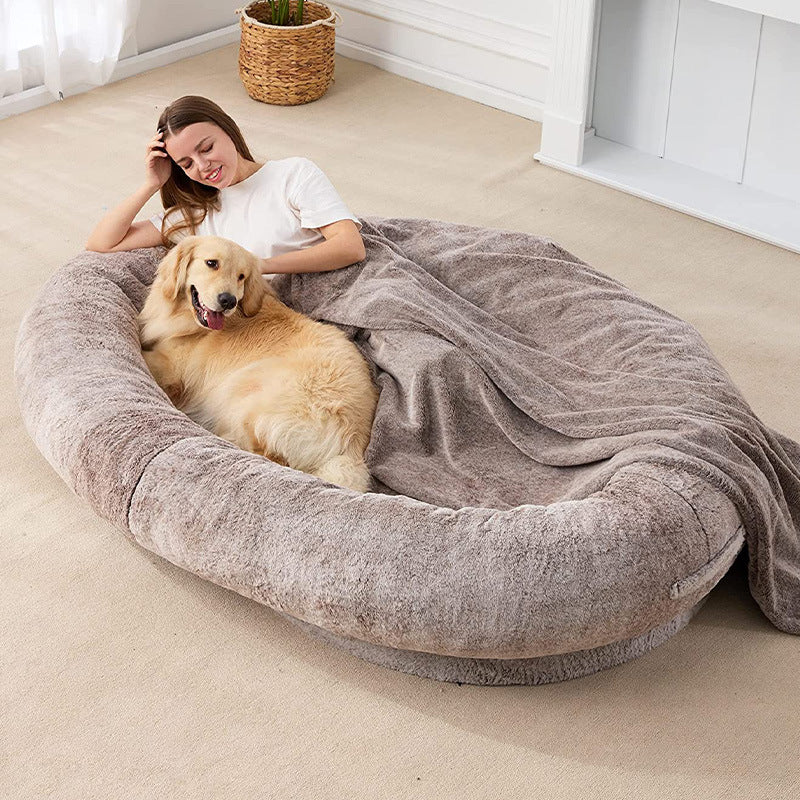 HKM-0332733 Large Soft Short Plush Dog Bed in Khaki, Dark Gray, and Light Gray - Multiple Sizes Available