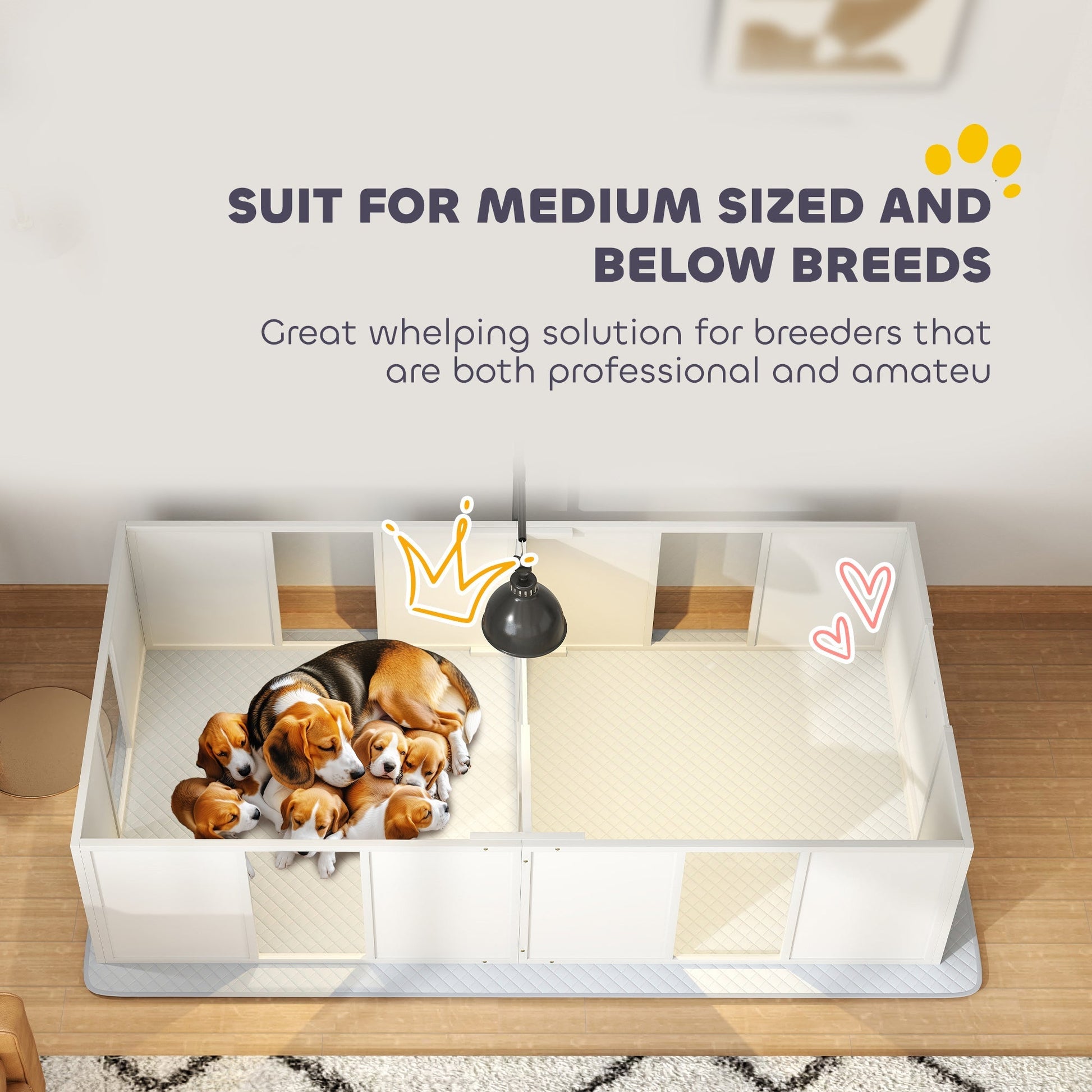 HKM-0334141 Whelping Box for Medium Dogs with Adjustable Height Door, Waterproof Pee Pad, and Retractable Light Stand