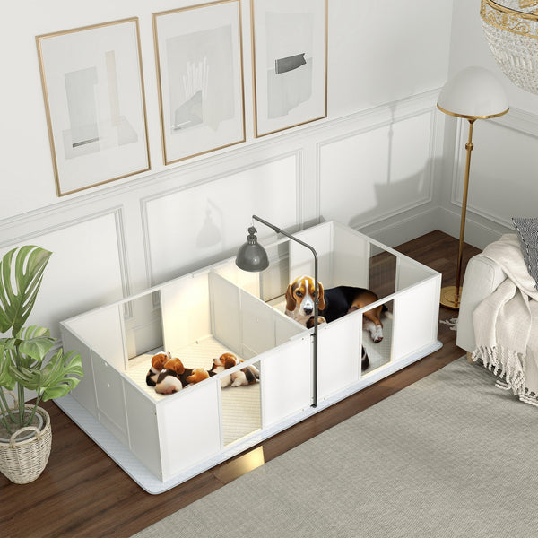 HKM-0334141 Whelping Box for Medium Dogs with Adjustable Height Door, Waterproof Pee Pad, and Retractable Light Stand
