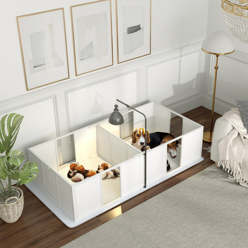 HKM-0334141 Whelping Box for Medium Dogs with Adjustable Height Door, Waterproof Pee Pad, and Retractable Light Stand