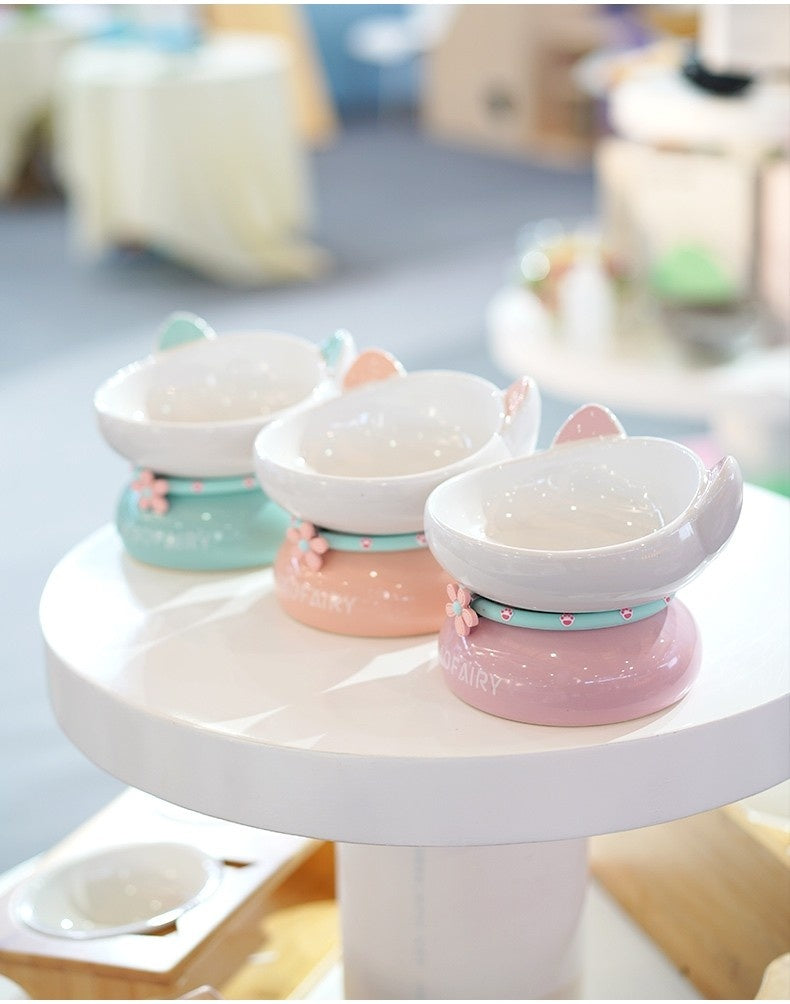 HKM-0338621 Ceramic Open Cat Food Bowl in Lotus Root Pink and Water Blue
