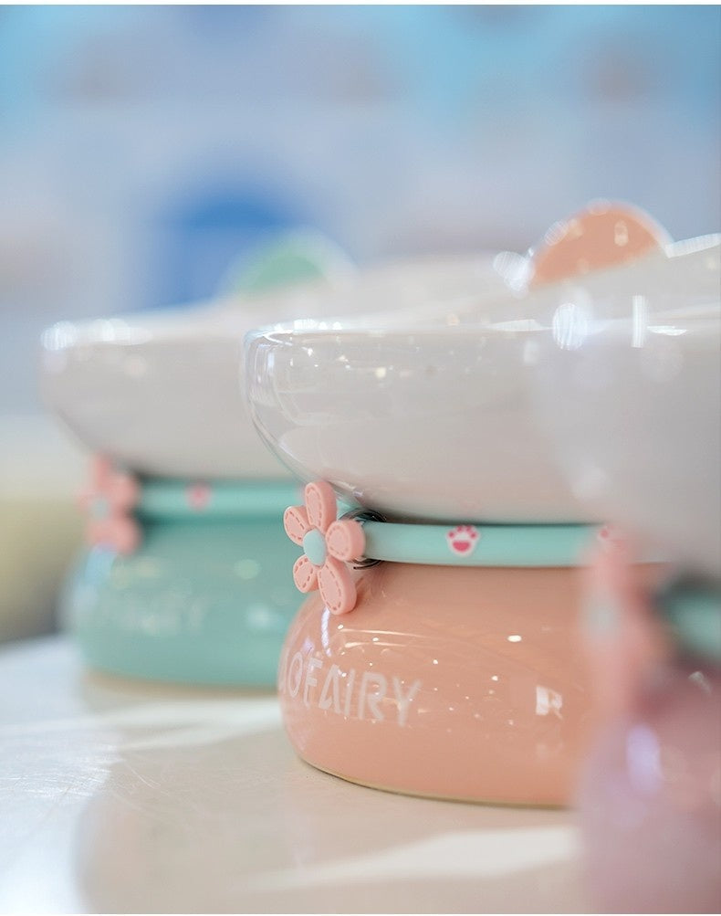 HKM-0338621 Ceramic Open Cat Food Bowl in Lotus Root Pink and Water Blue