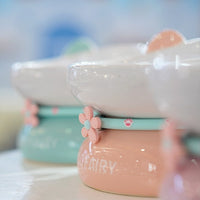 HKM-0338621 Ceramic Open Cat Food Bowl in Lotus Root Pink and Water Blue