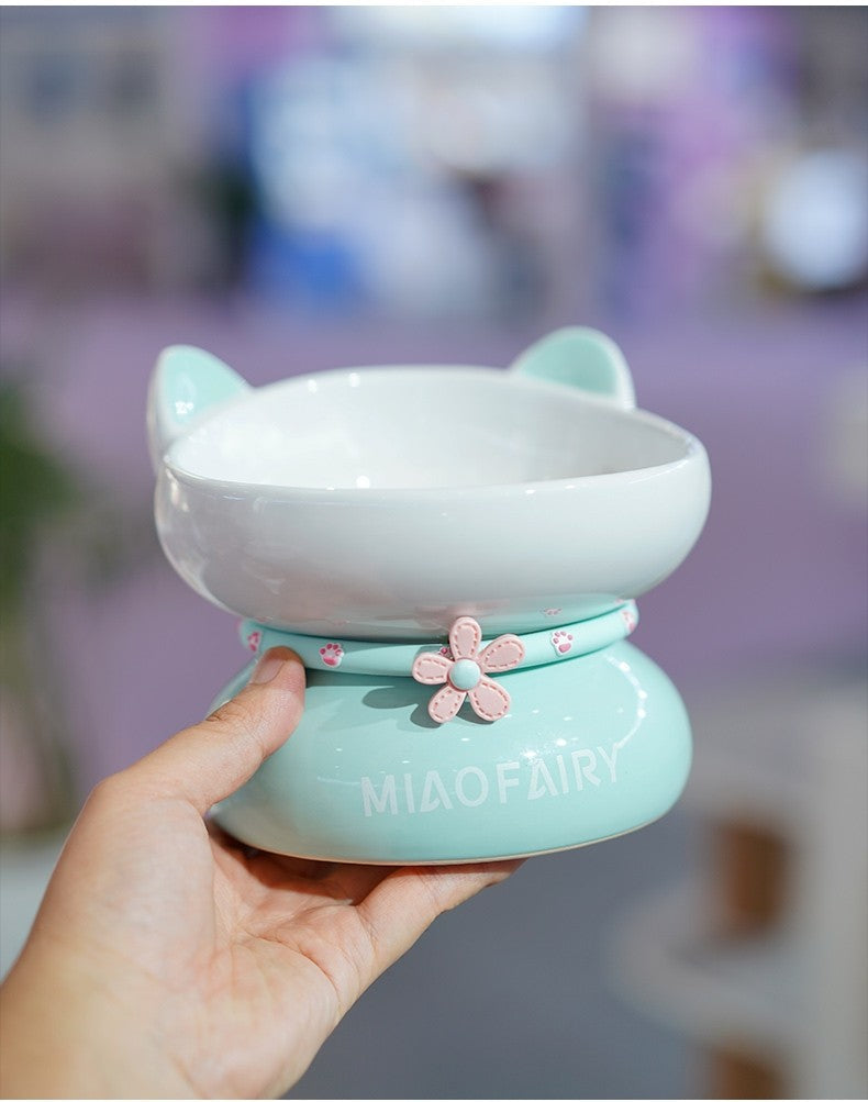 HKM-0338621 Ceramic Open Cat Food Bowl in Lotus Root Pink and Water Blue