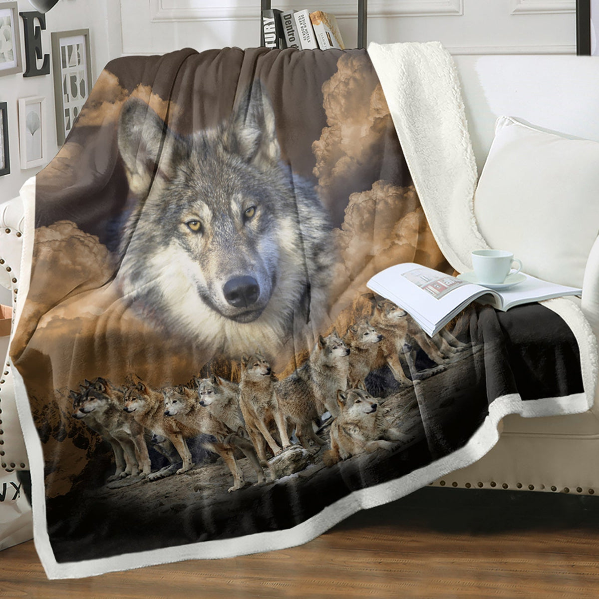 HKM-033875 Sherpa Fleece Blanket with Native American Wolf Design - Plush Throw for Bed, Couch, and Nursery (50x60 Inch & 60x80 Inch)