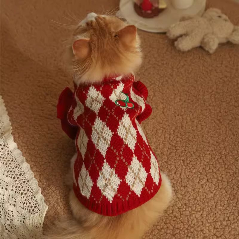 HKM-0342205 Cherry Sweater for Cats - Cute Rhombic Embroidery, Casual Style, Autumn & Winter Wear