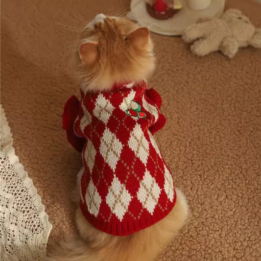 HKM-0342205 Cherry Sweater for Cats - Cute Rhombic Embroidery, Casual Style, Autumn & Winter Wear