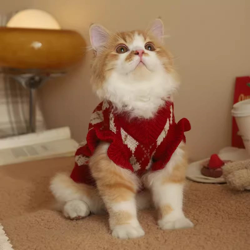 HKM-0342205 Cherry Sweater for Cats - Cute Rhombic Embroidery, Casual Style, Autumn & Winter Wear