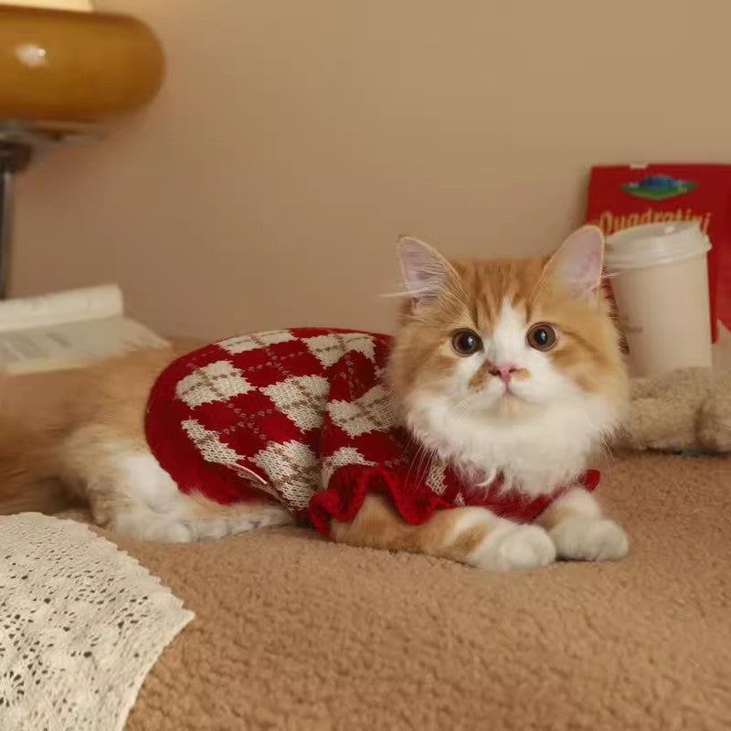 HKM-0342205 Cherry Sweater for Cats - Cute Rhombic Embroidery, Casual Style, Autumn & Winter Wear
