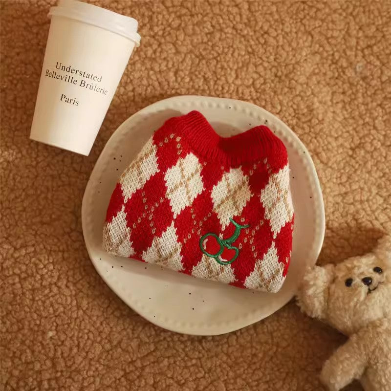 HKM-0342205 Cherry Sweater for Cats - Cute Rhombic Embroidery, Casual Style, Autumn & Winter Wear