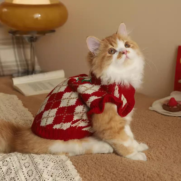 HKM-0342205 Cherry Sweater for Cats - Cute Rhombic Embroidery, Casual Style, Autumn & Winter Wear