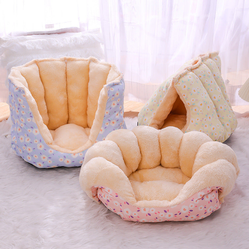 HKM-0342845 Cozy Thermal Sofa Bed for Small Pets - Pink, Blue, Yellow Floral Design