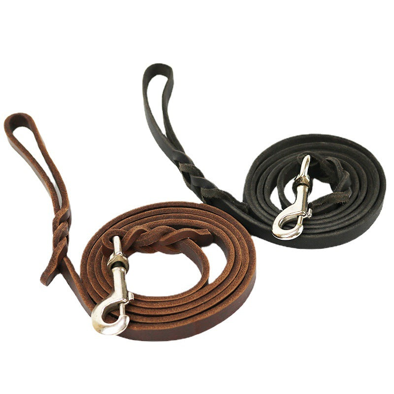 HKM-0343997 Thickened Leather Dog Walking Rope for Medium to Large Breeds, Light Brown and Black