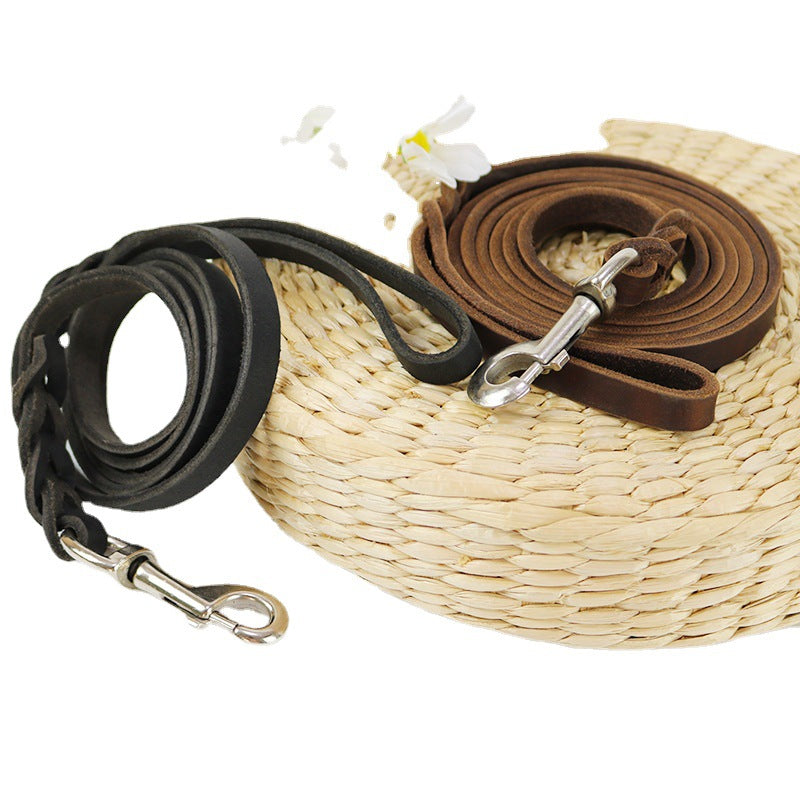 HKM-0343997 Thickened Leather Dog Walking Rope for Medium to Large Breeds, Light Brown and Black