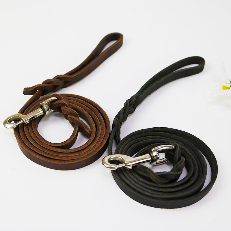 HKM-0343997 Thickened Leather Dog Walking Rope for Medium to Large Breeds, Light Brown and Black