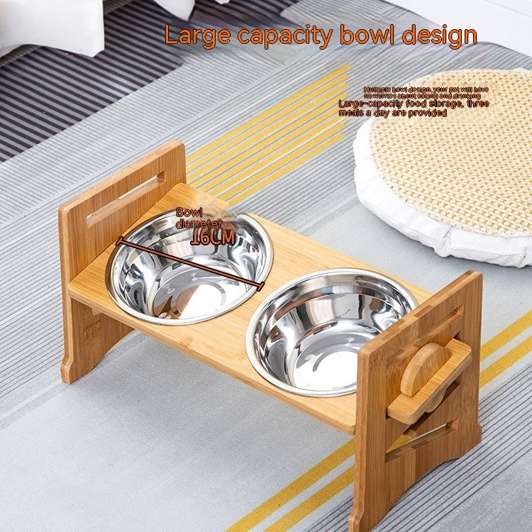 HKM-0344381 Stainless Steel Double Cat Food Bowl with Wooden Bracket Dining Trolley