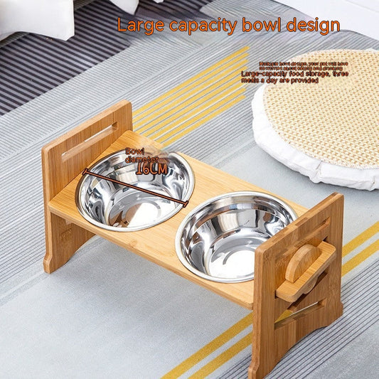 HKM-0344381 Stainless Steel Double Cat Food Bowl with Wooden Bracket Dining Trolley
