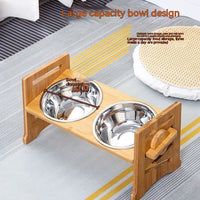 HKM-0344381 Stainless Steel Double Cat Food Bowl with Wooden Bracket Dining Trolley
