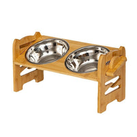 HKM-0344381 Stainless Steel Double Cat Food Bowl with Wooden Bracket Dining Trolley