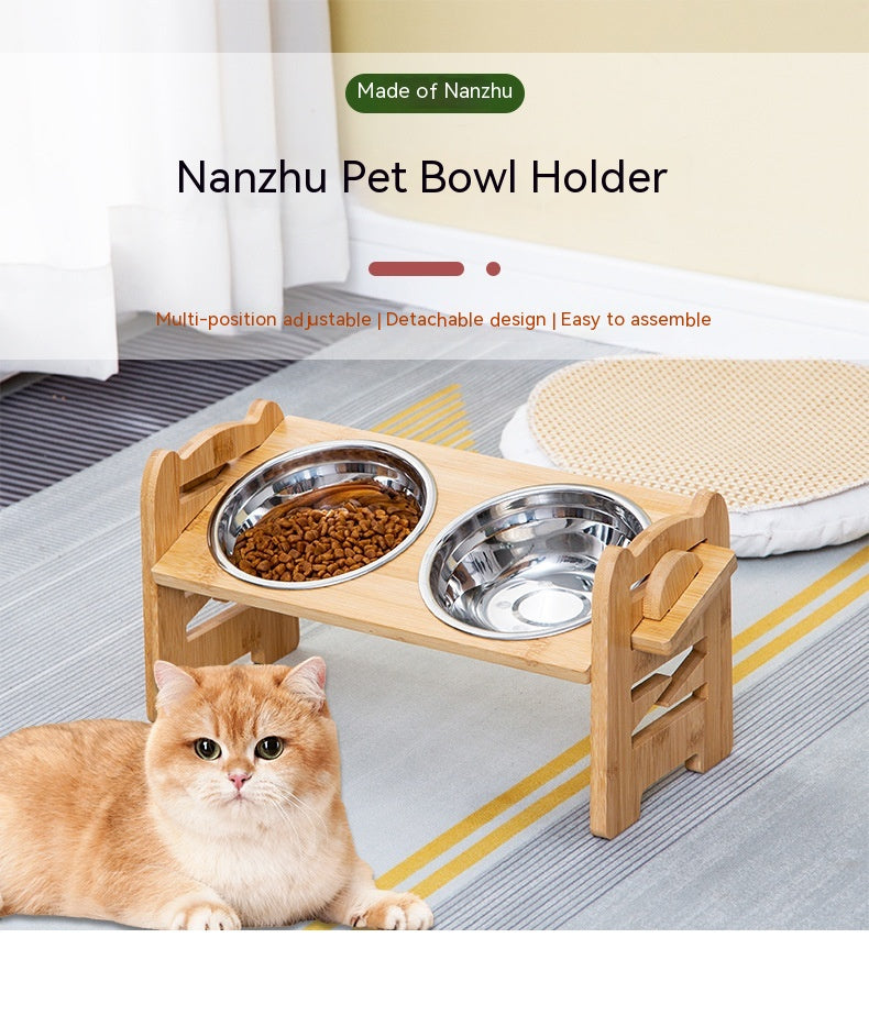 HKM-0344381 Stainless Steel Double Cat Food Bowl with Wooden Bracket Dining Trolley