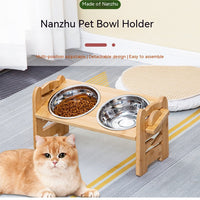 HKM-0344381 Stainless Steel Double Cat Food Bowl with Wooden Bracket Dining Trolley