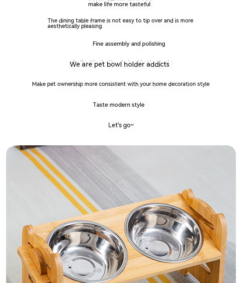 HKM-0344381 Stainless Steel Double Cat Food Bowl with Wooden Bracket Dining Trolley