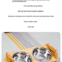 HKM-0344381 Stainless Steel Double Cat Food Bowl with Wooden Bracket Dining Trolley