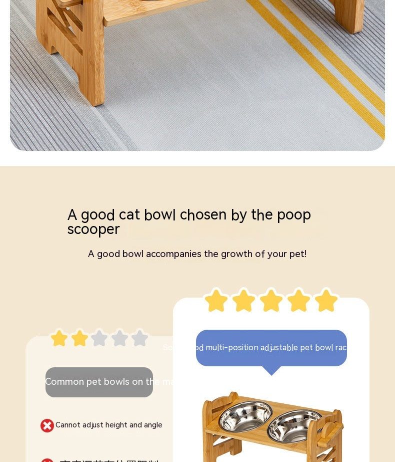 HKM-0344381 Stainless Steel Double Cat Food Bowl with Wooden Bracket Dining Trolley