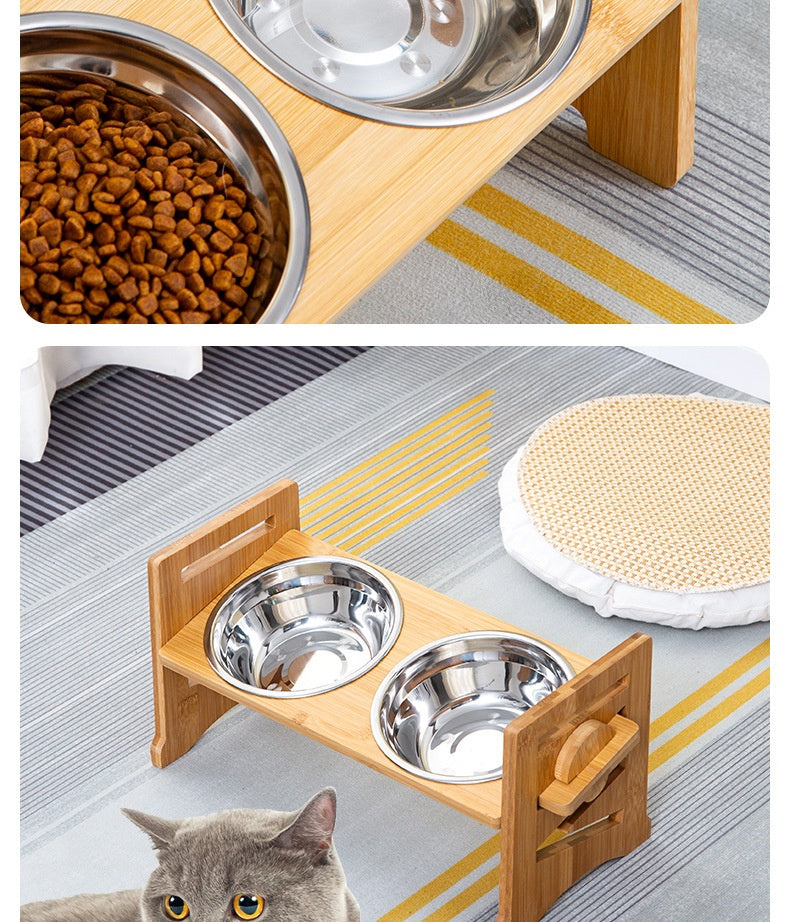 HKM-0344381 Stainless Steel Double Cat Food Bowl with Wooden Bracket Dining Trolley