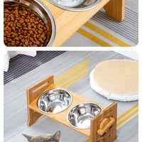 HKM-0344381 Stainless Steel Double Cat Food Bowl with Wooden Bracket Dining Trolley