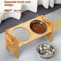 HKM-0344381 Stainless Steel Double Cat Food Bowl with Wooden Bracket Dining Trolley