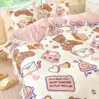 HKM-034707 Cartoon-Themed Cotton Summer Bed Set - Three-Piece Bedding Ensemble with Lace Designs