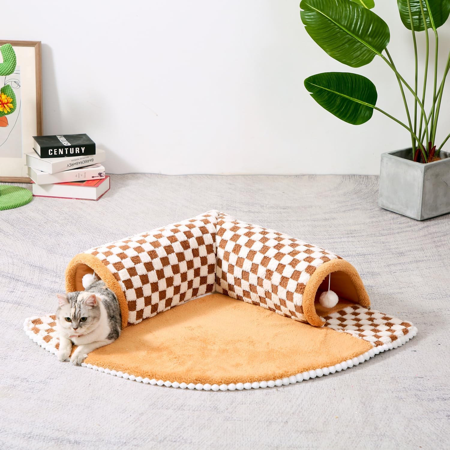 HKM-0347453 2-in-1 Plush Pet Bed Tunnel with Anti-Slip Base for Cats and Dogs